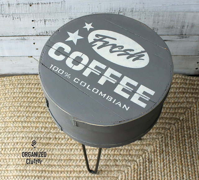 DIY Repurposed Cheese Box Becomes A Fun Side Table #repurposed #stencil #oldsignstencils #coffee #dixiebellepaint