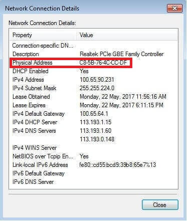 how to find mac address windows 7