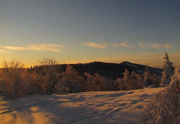 Widok na południe w kierunku Cieślara (920 m n.p.m.) i Stożka Wielkiego (czes. Velký Stožek; 979 m n.p.m.)