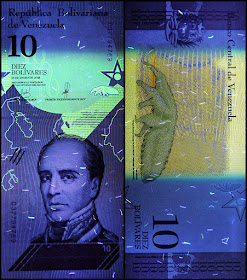Venezuela Currency 10 Bolivares Soberanos banknote 2018 under ultraviolet light