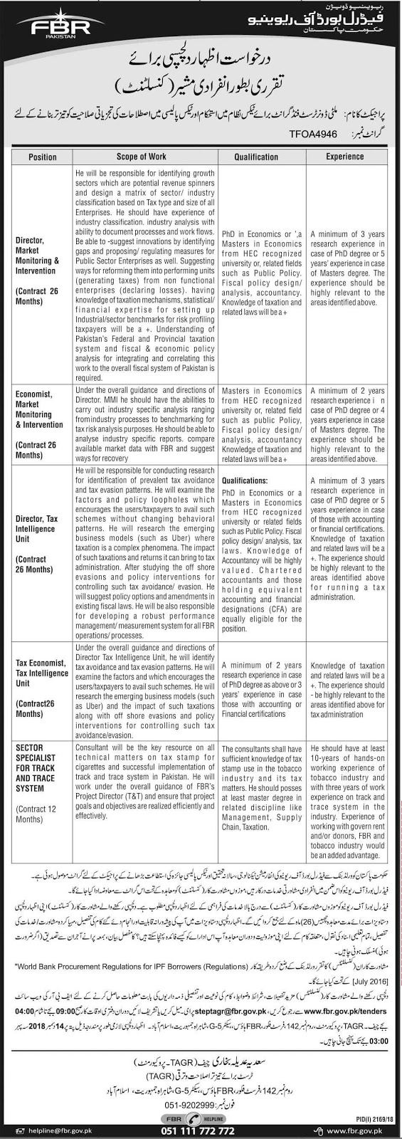 Jobs in Federal Board of Revenue Govt of Pakistan FBR 2018 1 Jobs in Federal Board of Revenue Govt of Pakistan FBR 16 Nov 2018