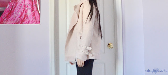 SheIn Fashion Review: Satin Romper + Faux Suede Coat Light pastel lilac/lavender faux suede shearling moto oversized coat from SheIn