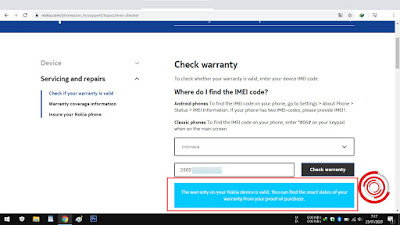 4. Jika perangkat Nokia Android kita garansi resmi, maka akan tertulis The warranty on your Nokia device is valid. You can find the exact dates of your warranty from your proof of purchase. Dan jika bukan garansi resmi akan tertulis Sorry, we couldn't find a device to match your IMEI. Please check the code and try again.