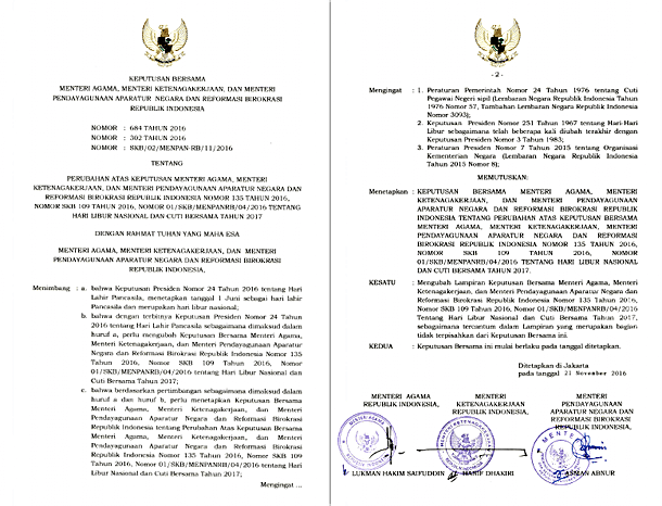 Skb Tentang Hari Libur Nasional Dan Cuti Bersama Tahun 2017