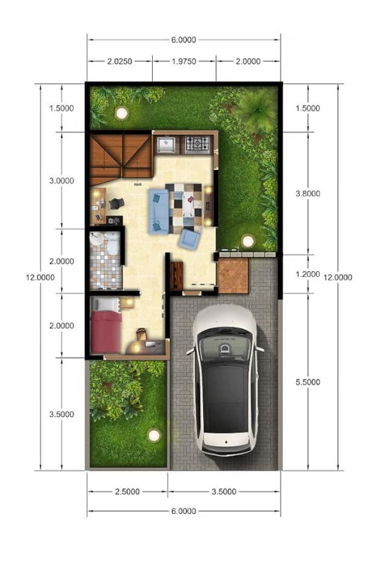 Denah rumah minimalis ukuran 6x12 meter 2 kamar tidur 2 lantai