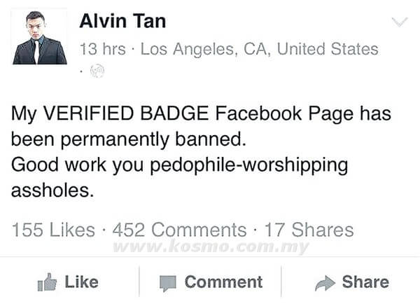 Facebook buang laman sosial Alvin Tan