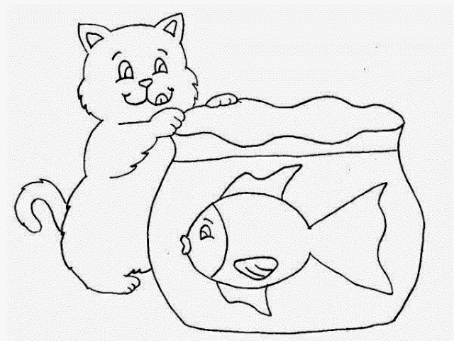 Beautiful Cat With Fish Coloring Page for Kids of a Cute Cartoon Colour Drawing HD Wallpaper