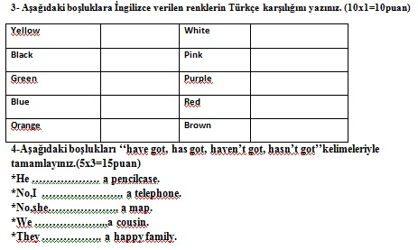 4. Sinif İngilizce 1. Dönem 2. Yazılı Soruları - Ders ve Çalışma Kitabı