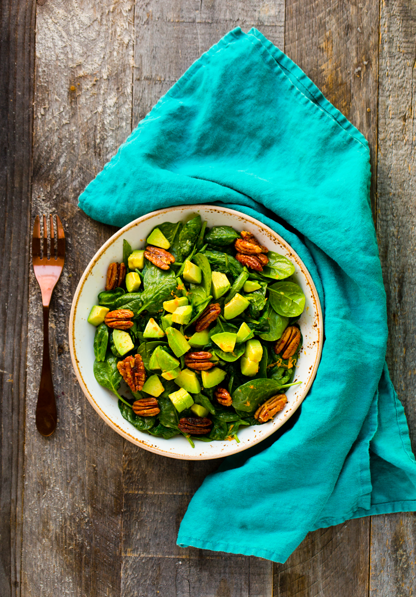 Candied Pecan Avocado Organic Spinach Salad - HealthyHappyLife.com
