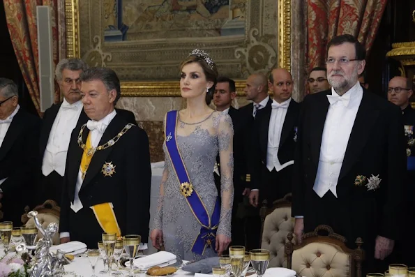 King Felipe VI of Spain and Queen Letizia of Spain receive the President of Colombia Juan Manuel Santos and his wife Maria Clemencia Rodriguez de Santos