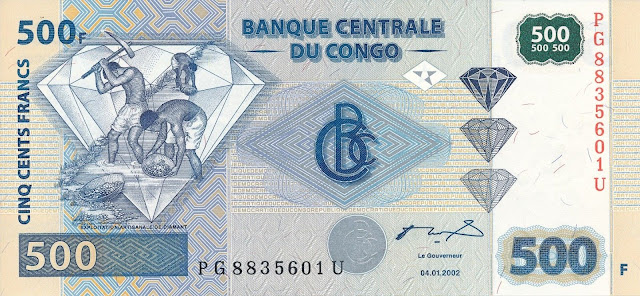 Congo Democratic Republic Currency 500 Congolese francs banknote 2002 Three diamond prospectors at work and Large Diamond