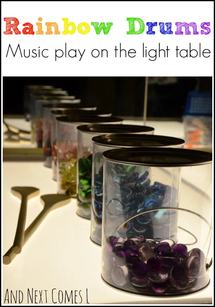 Music play on the light table with rainbow drums from And Next Comes L