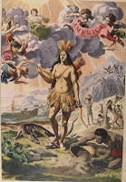 An allegorical representation of America, with her foot on a severed head.