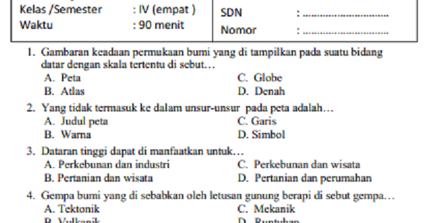 SOAL DAN KUNCI JAWABAN UAS PAS IPS KELAS 4 SEMESTER 1