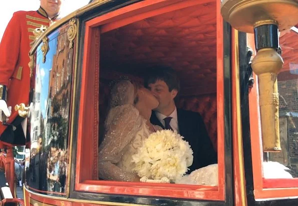 Pierre Casiraghi, Beatrice Borromeo, Charlotte Casiraghi, Princess Alexandra, Tatiana Santa Domingo, Prince Christian and Alessandra de Osma at wedding cremony. wedding gown