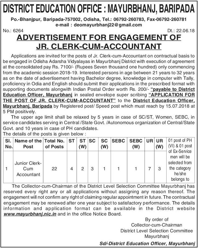DEO Mayurbhanj Recruitment 2018 For Junior Clerk Post.