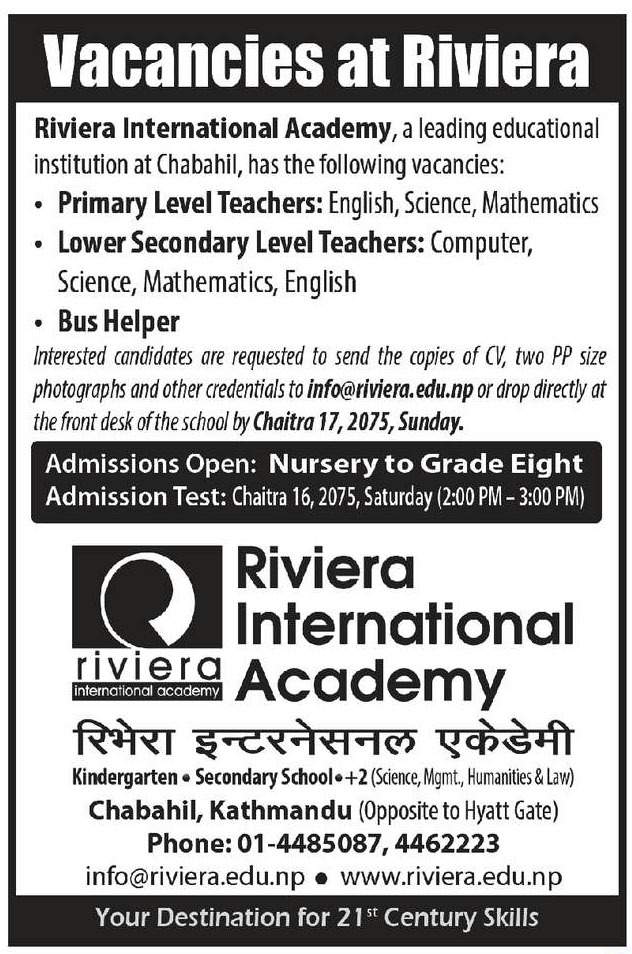 Vacancy At Reviera International Academy