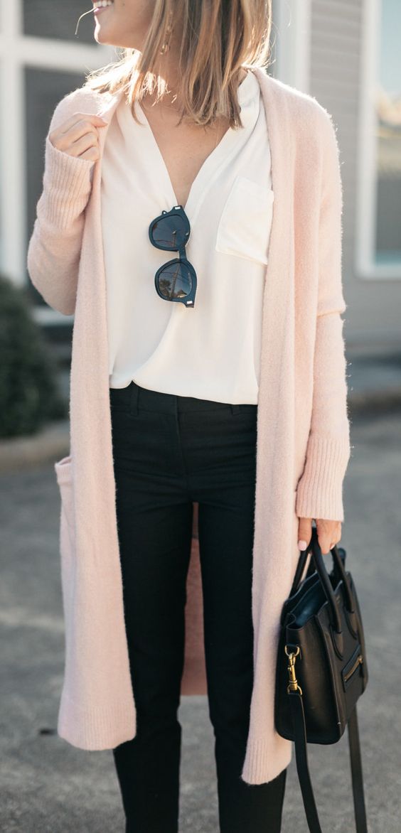 casual outfit idea / pink cardigan + white shirt + bag + skinnies