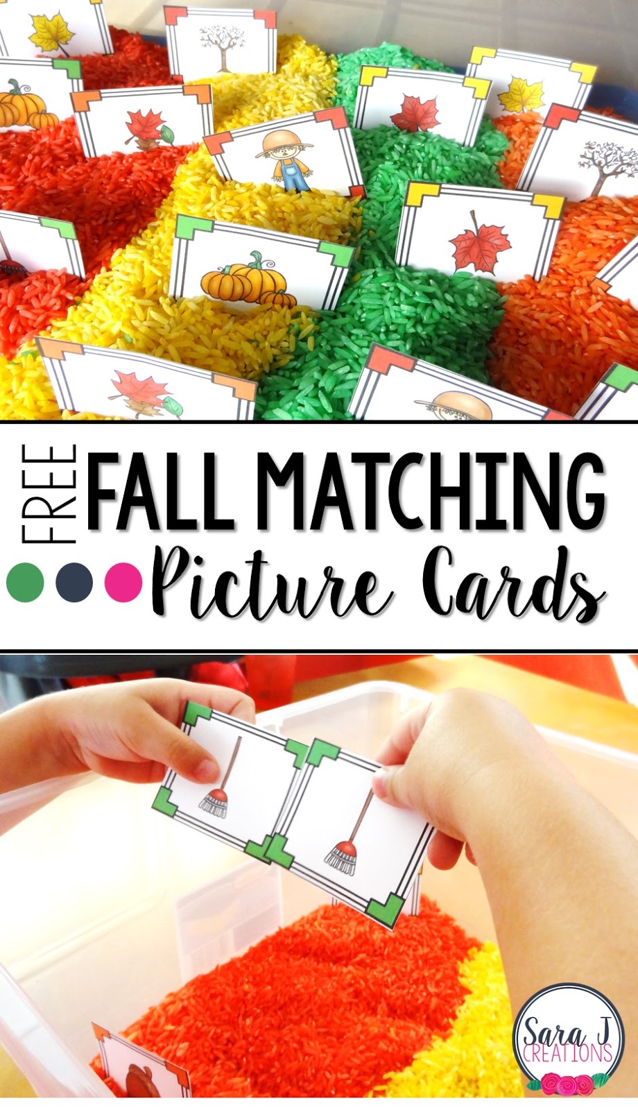 Fall sensory bin activities with free printable matching pictures card game.