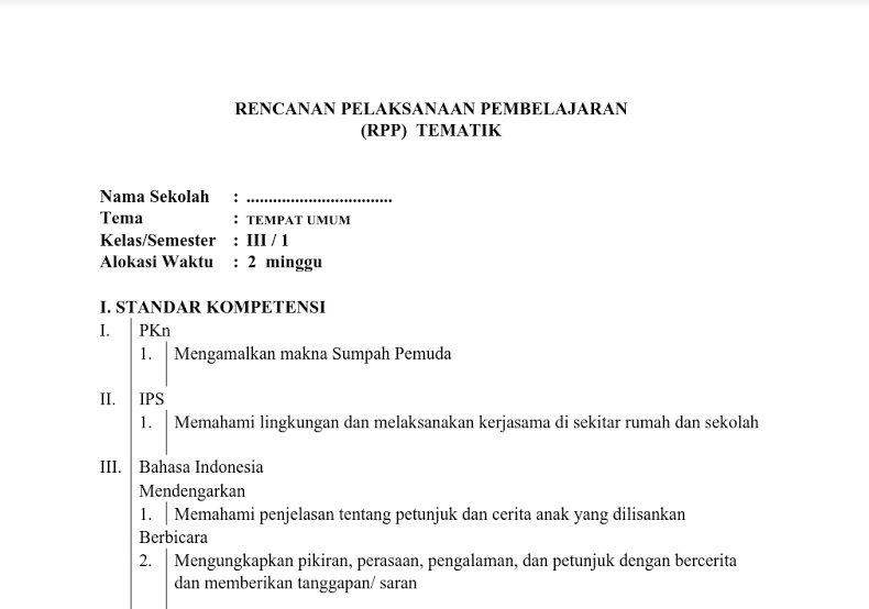 Contoh RPP Tematik Kelas 3 Kurikulum KTSP 2006 Semester