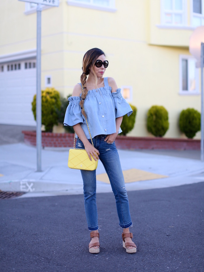 chic wish for the love of ruffle top, denim ruffle top, double denim top, cropped and flare jeans, blank denim jeans, tory burch cross body bag, sole society sandals, prada sunglasses, double denim look, summer style