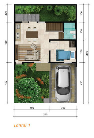 6 Denah rumah minimalis ukuran 7x11 meter 2 kamar tidur 2 lantai