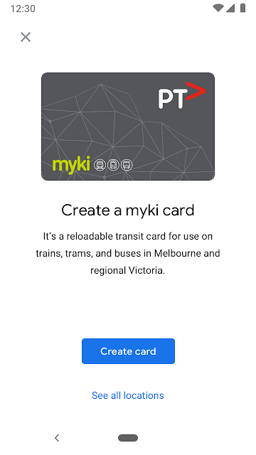 Google Pay screen showing the option to create a Myki card