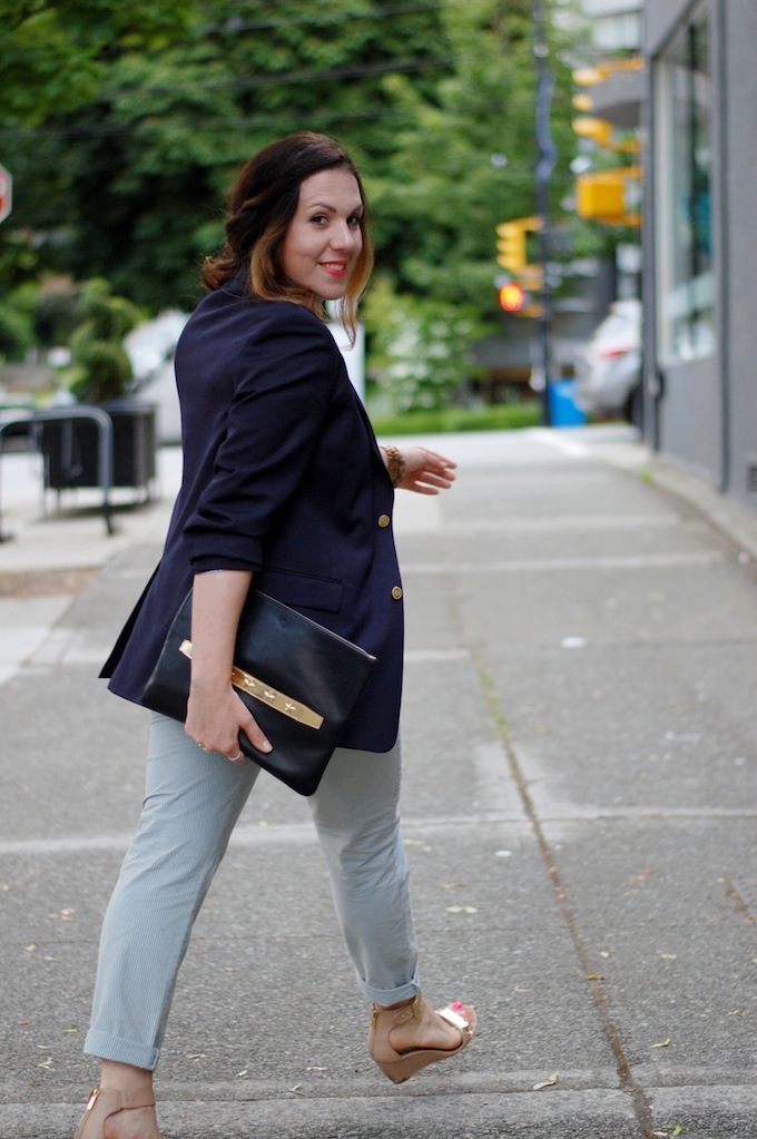 Lord & Taylor boys blazer, silk French Connection tank, conductor stripe GAP chinos and an Ela clutch from Vancouver fashion blogger Aleesha Harris of Covet and Acquire. 