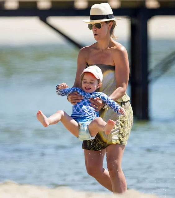 Princess Madeleine, Princess Leonore and Prince Nicolas of Sweden on holiday in Saint Tropez, France. Princess Madeleine wears new summer dress, skirt, tops