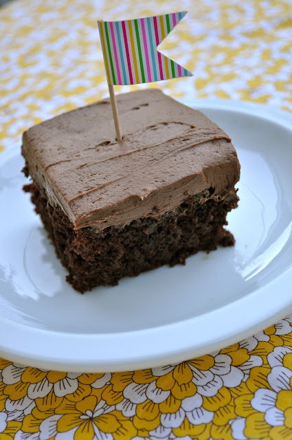 chocolate cake piece with thick chocolate frosting on top