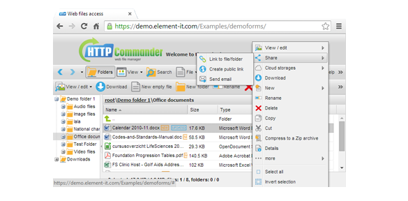 A screenshot of file sharing software - HTTP Commander