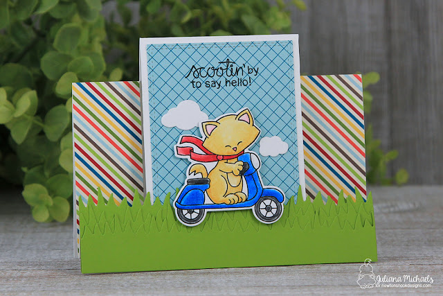 Hello Step Card by Juliana Michaels featuring Newton's Nook Designs Newton Scoots by Stamp and Die set