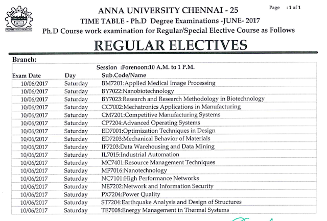 Anna University PhD Examinations Time Table for June 2017