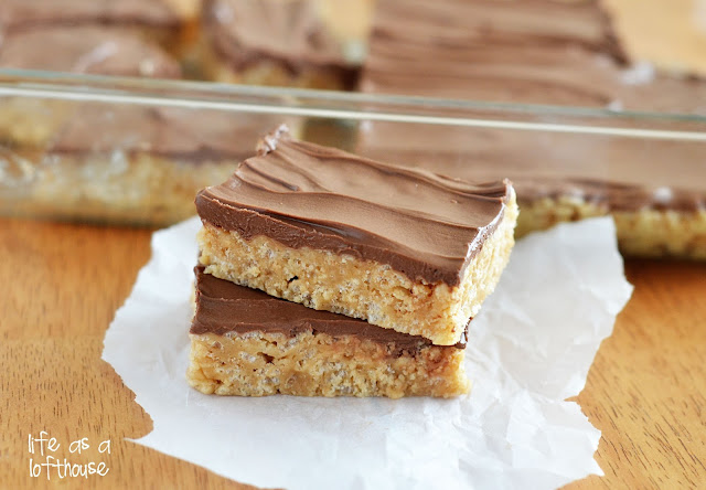 Chocolate Scotcheroos are a delicious peanut butter rice Krispie treat topped with a chocolate-butterscotch topping. Life-in-the-Lofthouse.com