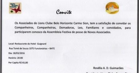 BLOG DO DISTRITO LC-4: Convite Posse de novos associados no Lions Clube de Belo  Horizonte Carmo-Sion - Dia 18 de março de 2016