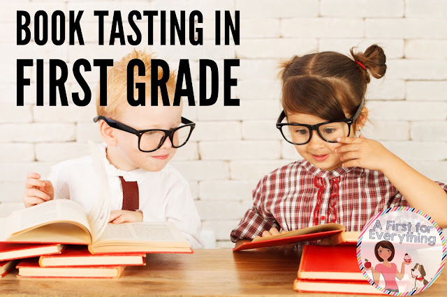 A blog post with a FREEBIE about doing a book tasting with first graders. Encourage your first grade students to experience various reading genres by having a book tasting. Students sample books in various genres in a cafe themed setting. Link provided to free reading genre posters. {1st grade, ELA, balanced literacy}