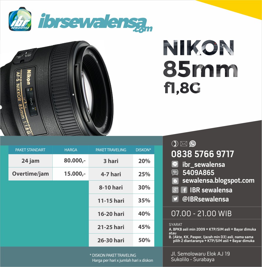 Nikon AF-S 85mm f1.8 G Surabaya Harga Sewa Rental Lensa Kamera