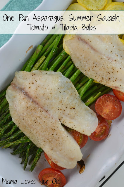 A delicious and healthy 30 minute meal! This meal is packed with lemon and dill flavor and is so easy! One Pan Asparagus, Summer Squash, Tomato and Tilapia Bake from Mama Loves Her Oils