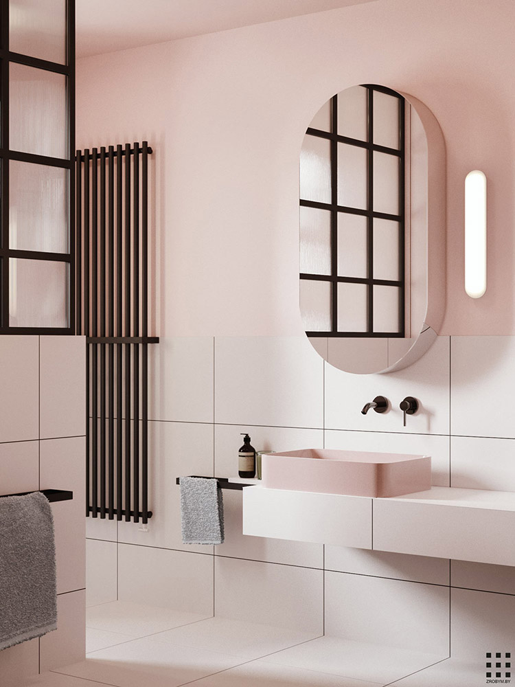Eclectic bathroom with pink walls by Zrobym Architects 
