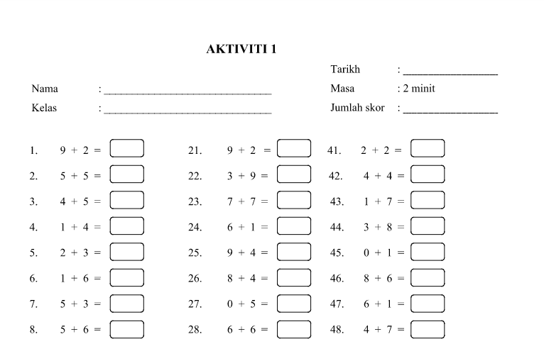 Koleksi soalan latihan asas matematik Tambah Tolak Darab Bahagi