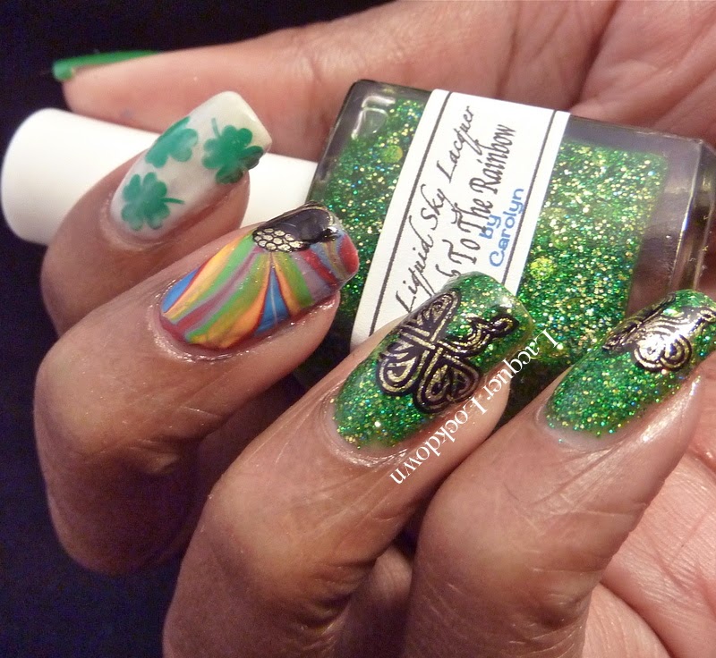 Lacquer Lockdown - Messy Mansion MM04, MM04, Love Angeline Stuck on Love Clovers, Mundo de Unas #2, Liquid Sky Lacquer Head To The Rainbow, Essie Marshmellow, stamping, nail art, pueen 2014, Messy Mansion, watermarble, St. Patrick's Day, St. Patty's Day, nail art, nail art ideas, diy nail art, diy nails, essy nail art, advanced stamping,