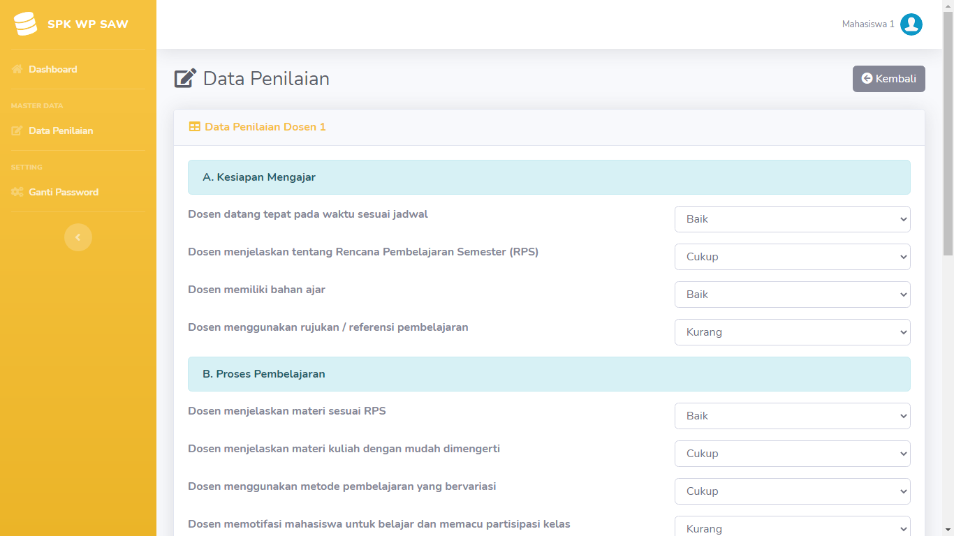 Aplikasi Sistem Pendukung Keputusan Penilaian Kinerja Dosen Menggunakan Metode WP Dan SAW - SourceCodeKu.com