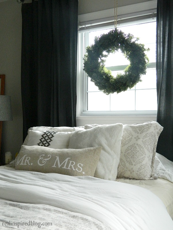 Rustic Christmas Home Tour 2015 gray and white master bedroom with wreath