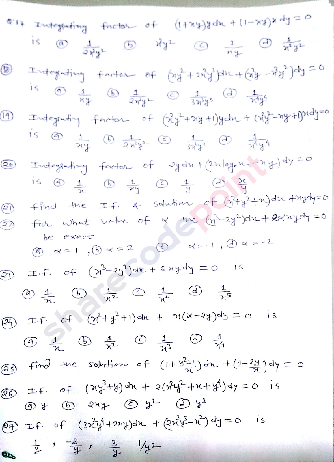 MTH166 Differential Equations Practices MCQ Questions Unit 1 part a