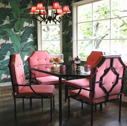 banana leaf martinique decor dining palm pattern iconic beach chic pink tropical hotel chairs beverly hills hilton kitchen interior dorothy