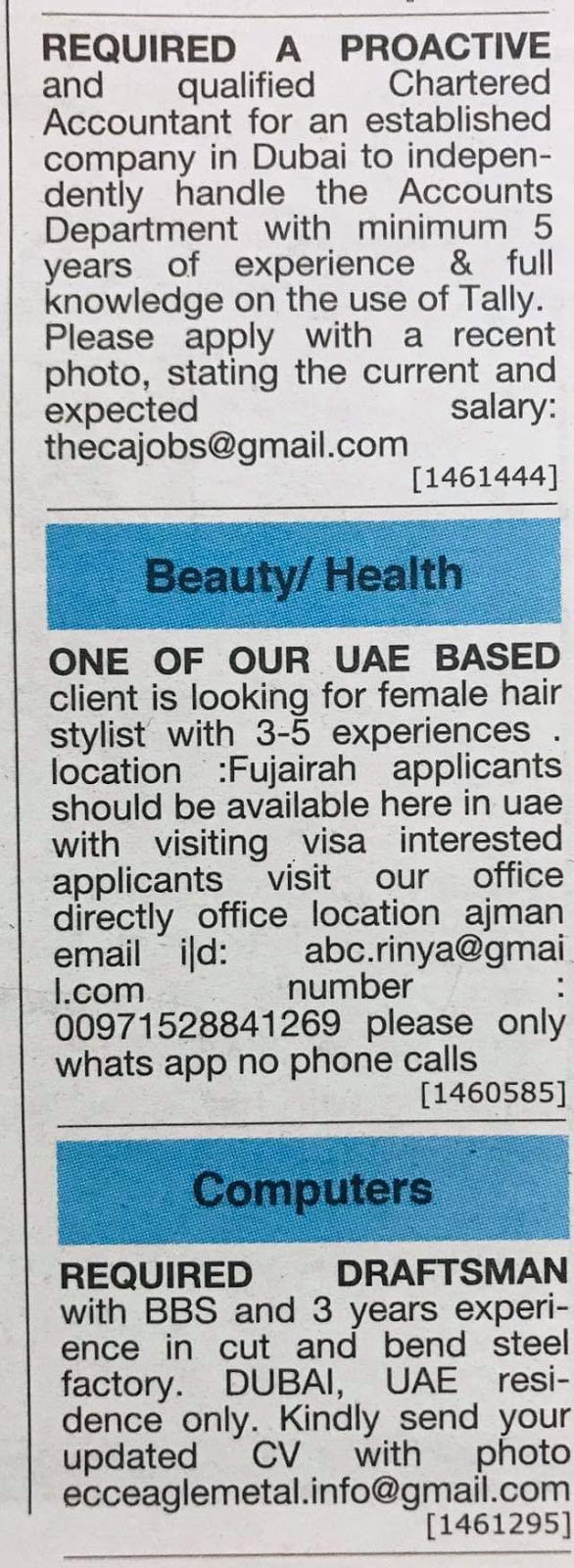 Required Accountant Draftsman Female Hair Stylist For Uae Local