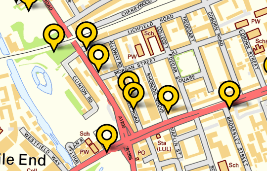 A map of the MEOTRA area showing reports made to LBTH via the Fix My Street app