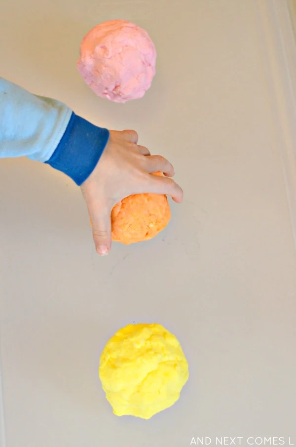 Sensory play for toddlers and preschoolers with citrus scented easy dough from And Next Comes L