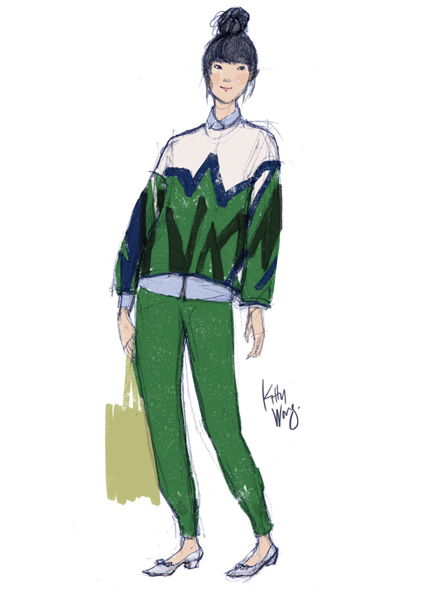 Susie Bubble sketch in green streetstyle drawing, diagonal stripes.