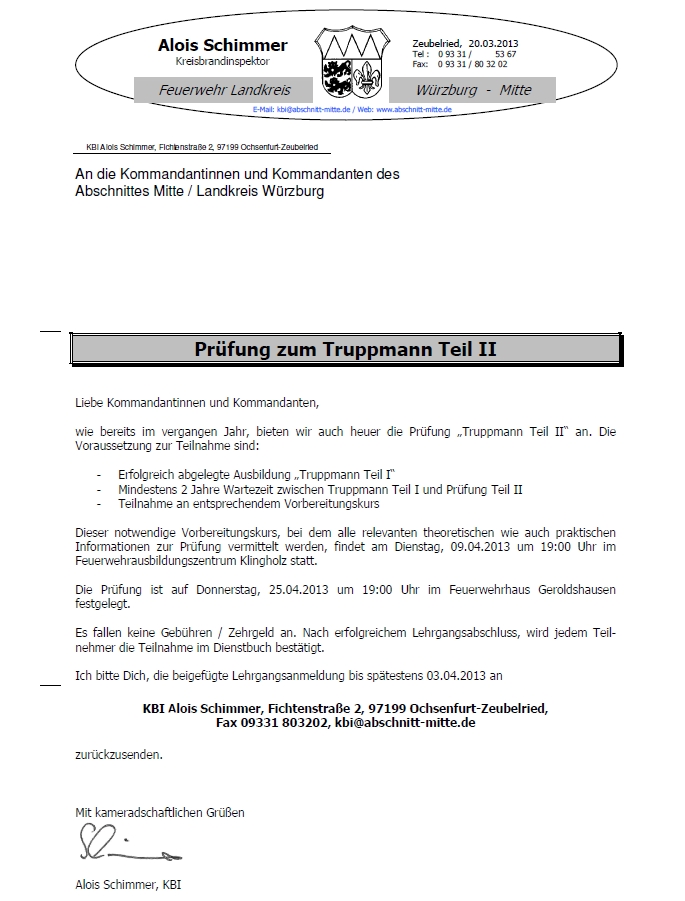 Feuerwehr Würzburg Abschnitt Mitte Lehrgang Truppmann Teil 2